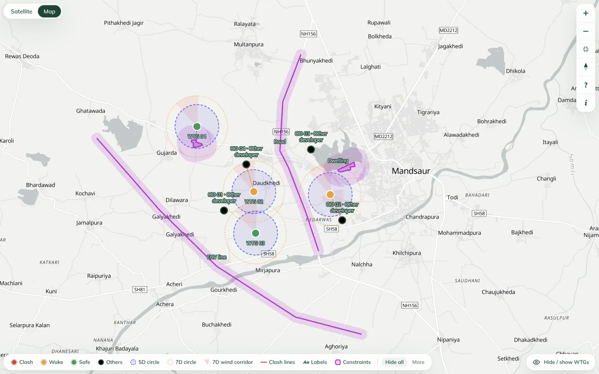 Visualise windmill micrositing clashes on map